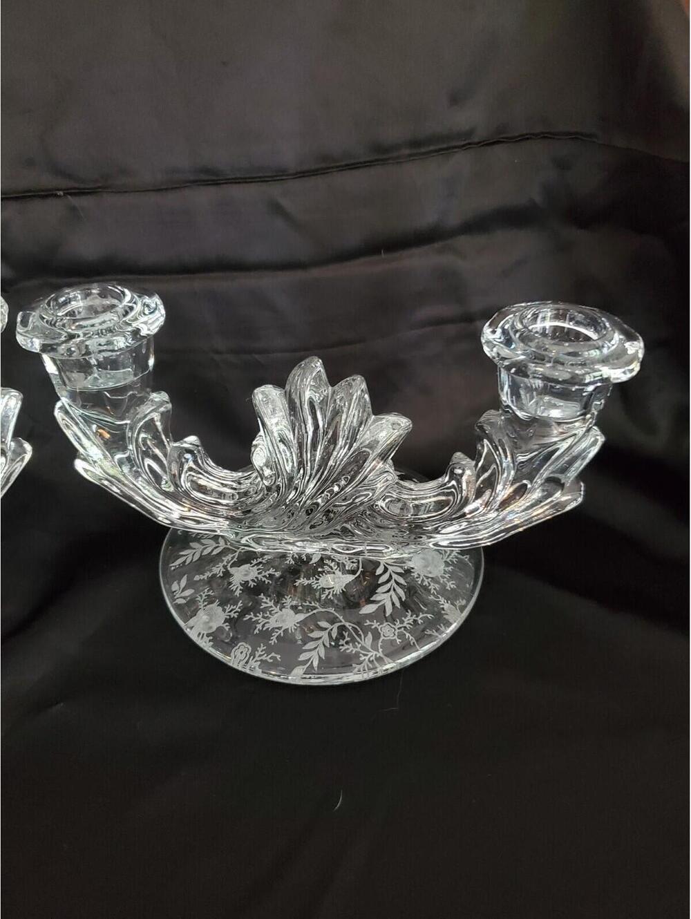 Pair Vtg Fostoria Meadow Rose Etched Candle Holders